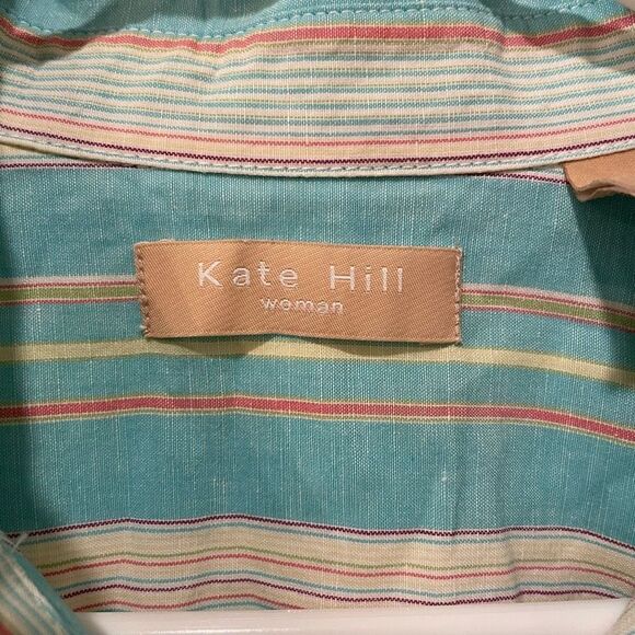 Kate Hill Blouse Womens 1X Linen Button Up Blue Striped Roll Tab Sleeve Collared - Picture 7 of 8